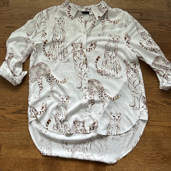 Jane & Delancey White Brown Wild Cat Cheetah Tiger Print Button Down L #1828 - Picture 6 of 11